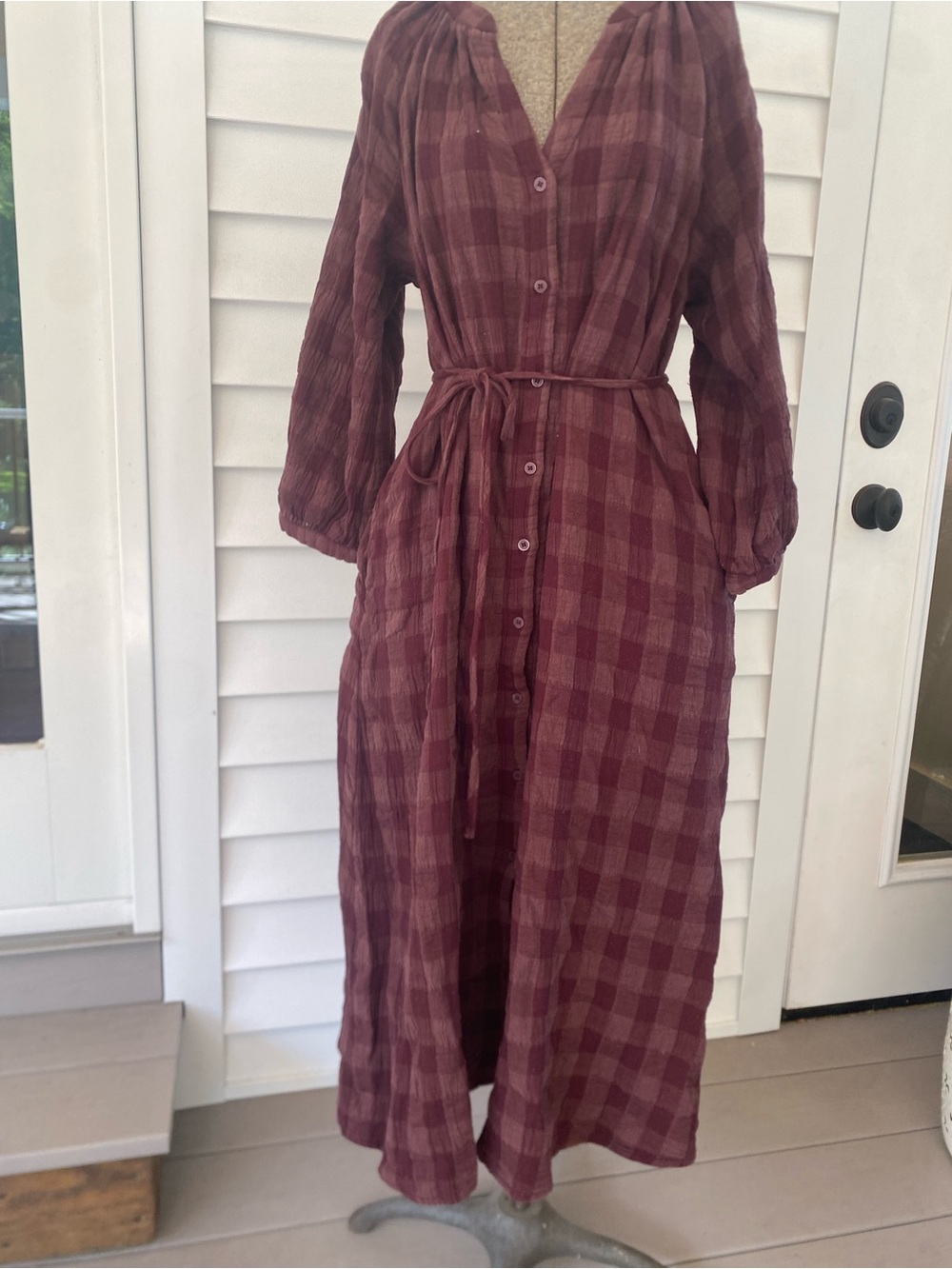Women’s Burgundy Plaid Button-Front Tie-Waist Dress- Grade & Gather